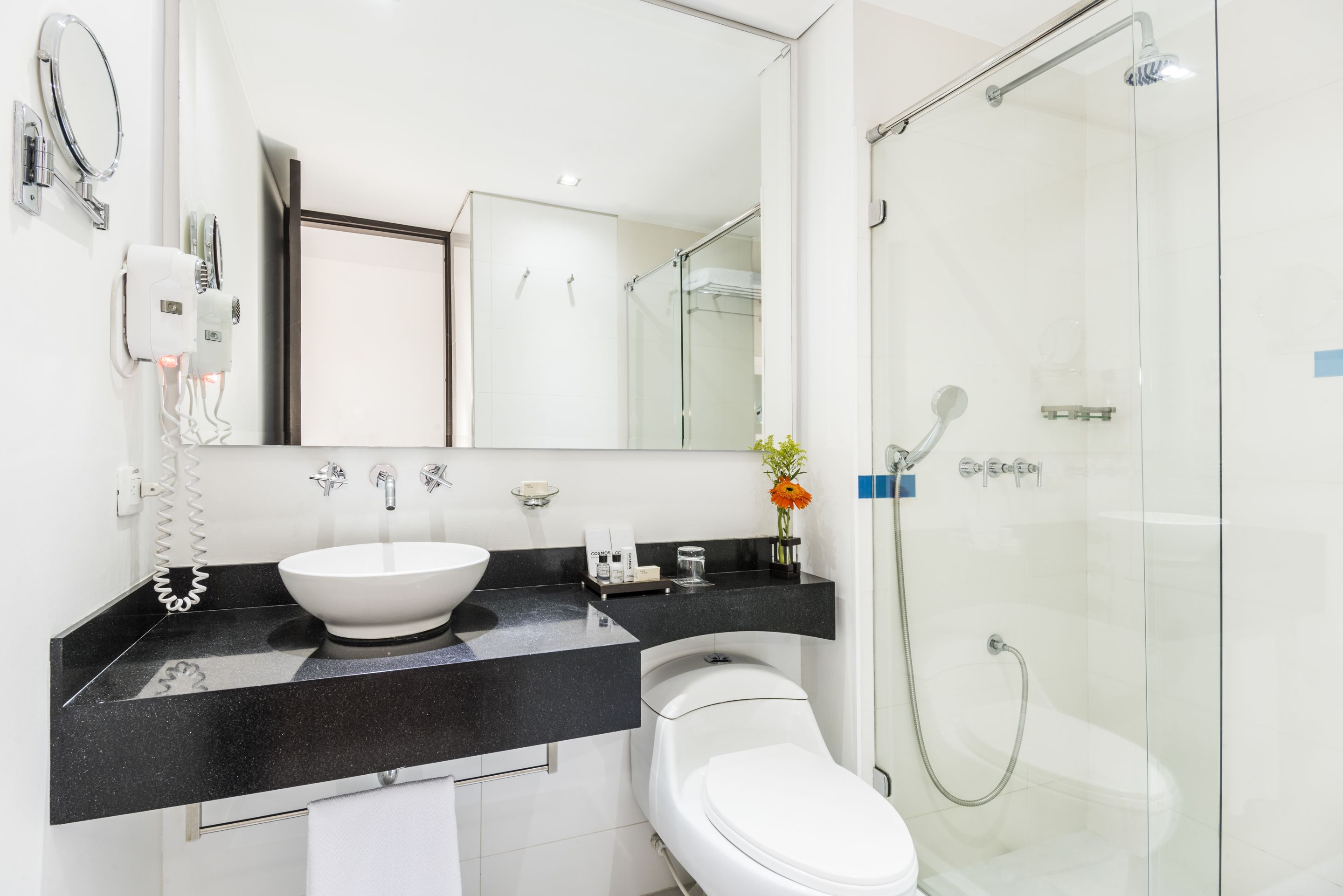 shower, free toiletries, hair dryer, towels