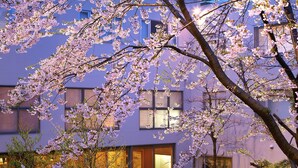 A modern building with large windows and a well-maintained garden with flowering trees. - Hanabishi Hotel (Hakodate)