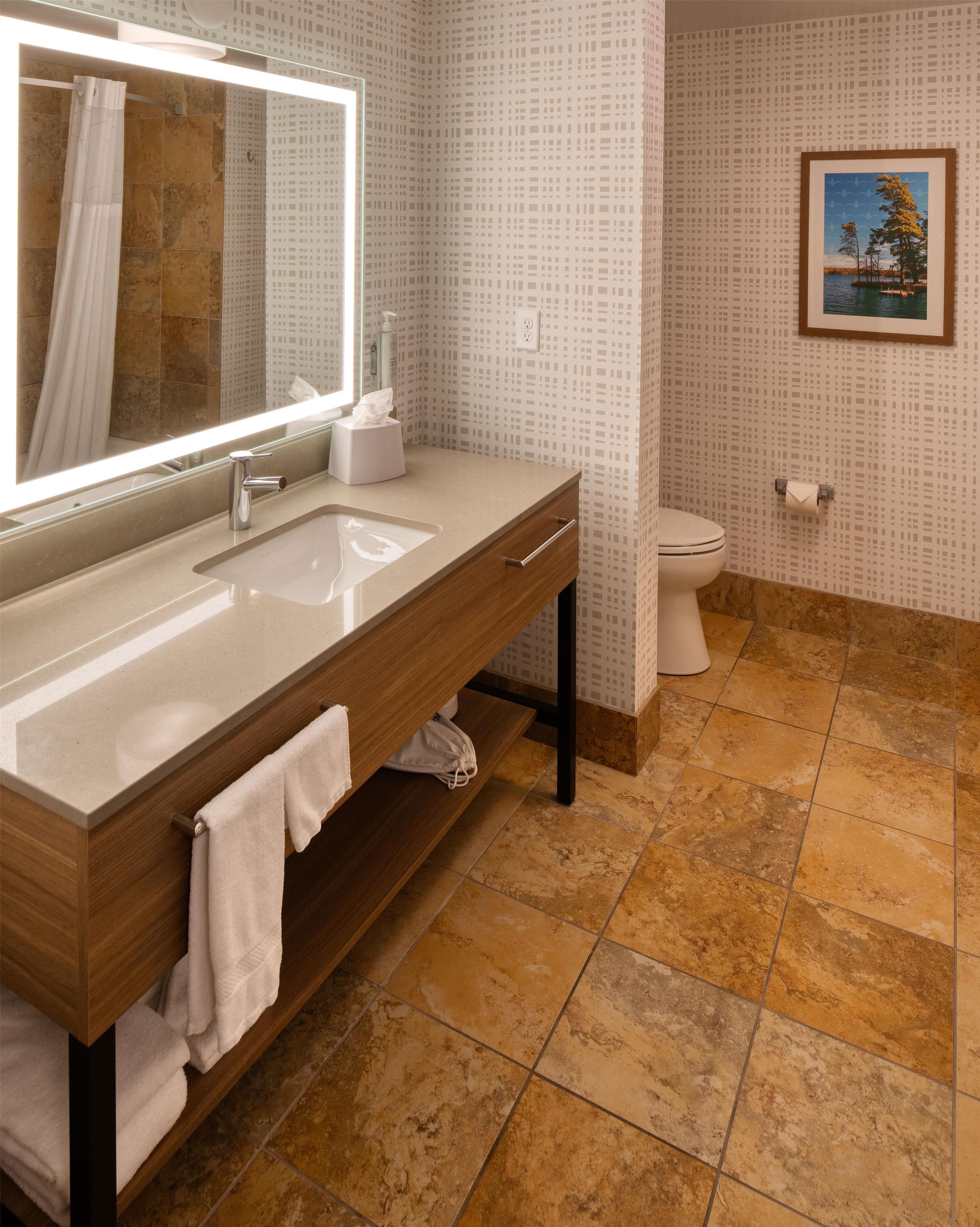 A bathroom with a wooden vanity, a large mirror, a sink, a toilet, and a framed picture on the wall.