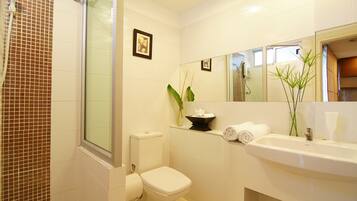 Shower, free toiletries, hair dryer, bathrobes