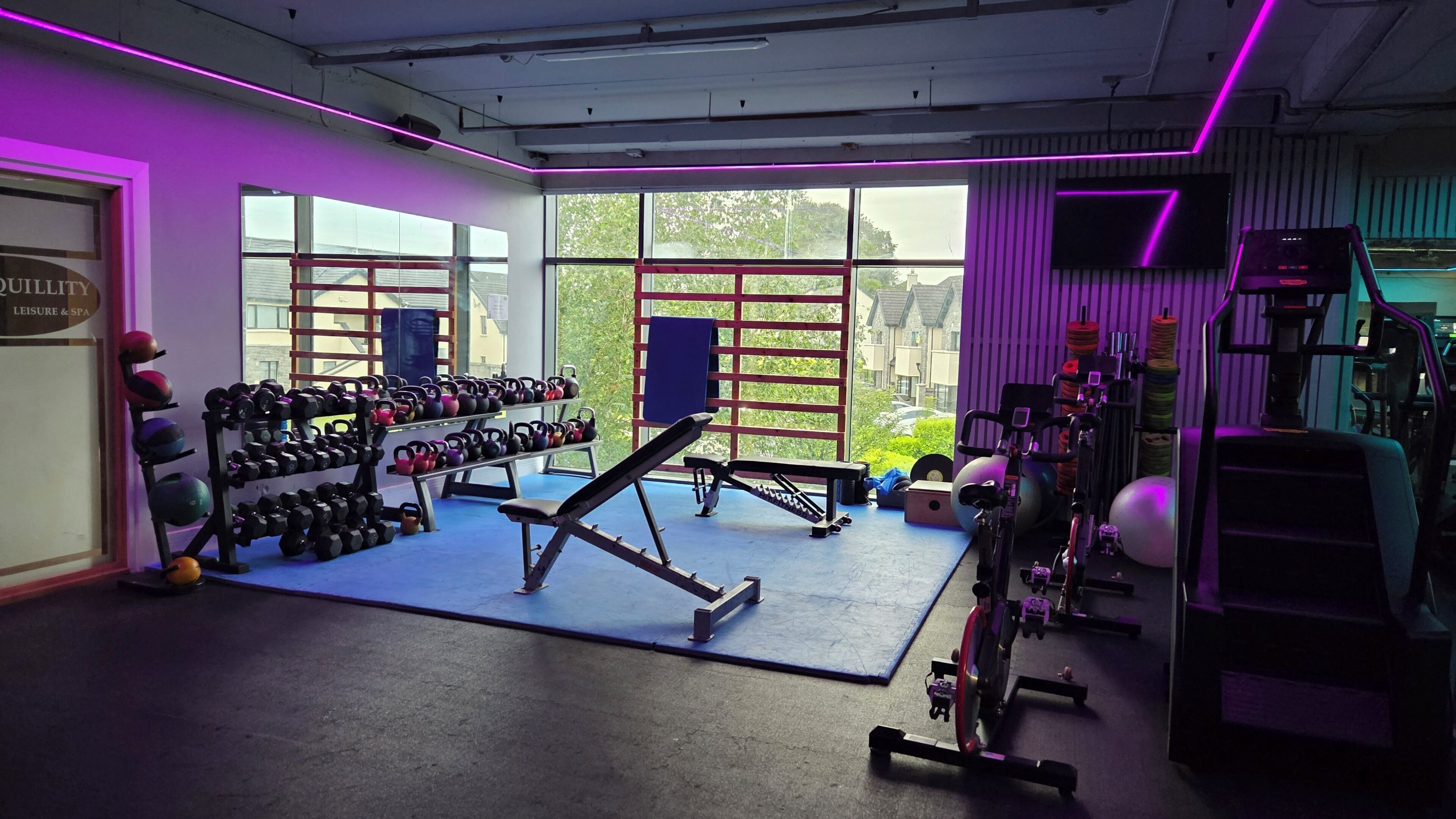 A gym with exercise equipment, large windows, and a view of greenery.