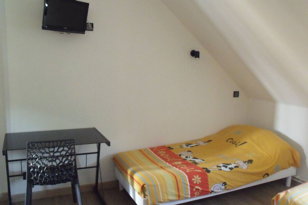 A small, single-bed room with a sloped ceiling, a desk with a chair, and a wall-mounted TV.