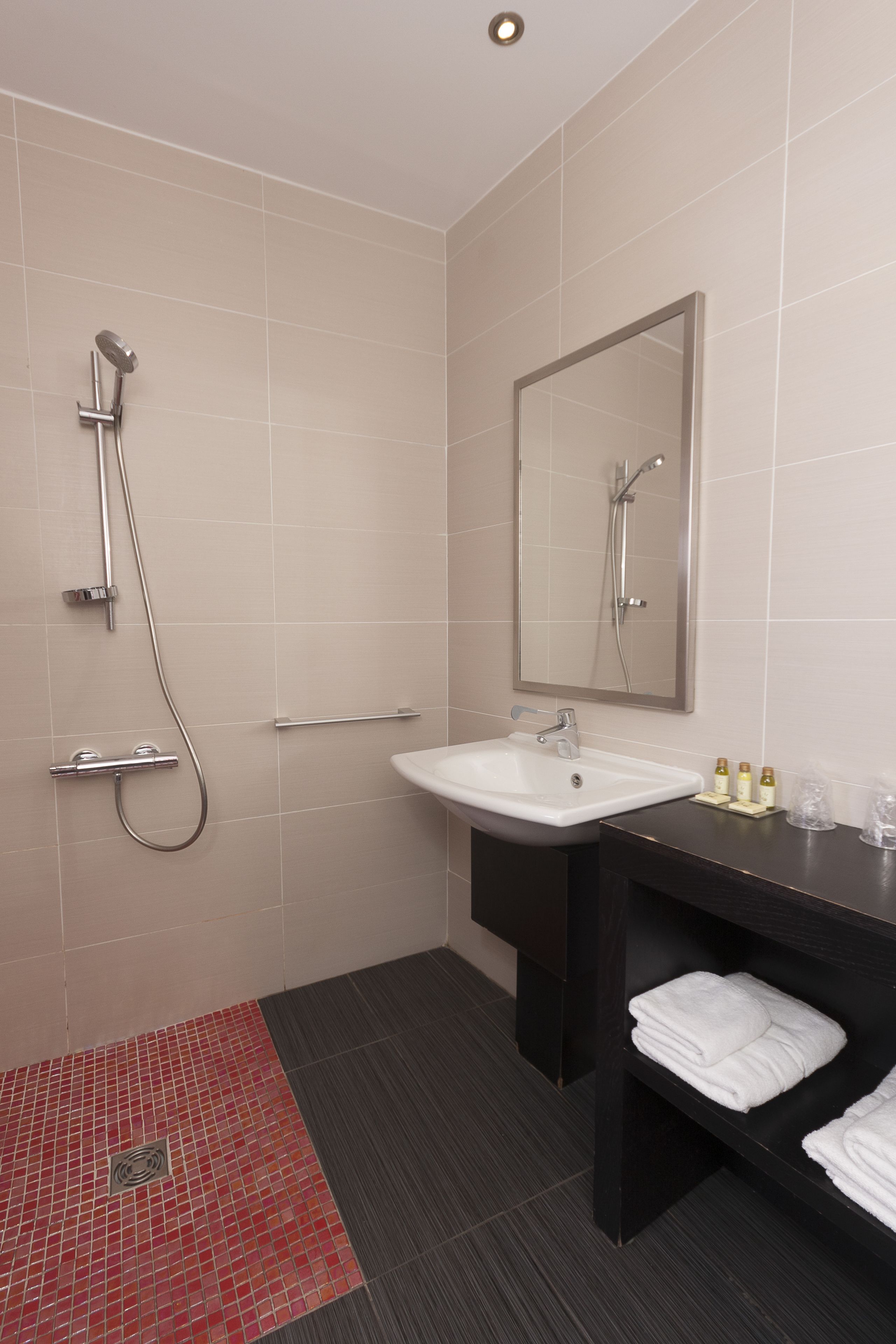 A modern bathroom with a shower, sink, and mirror.