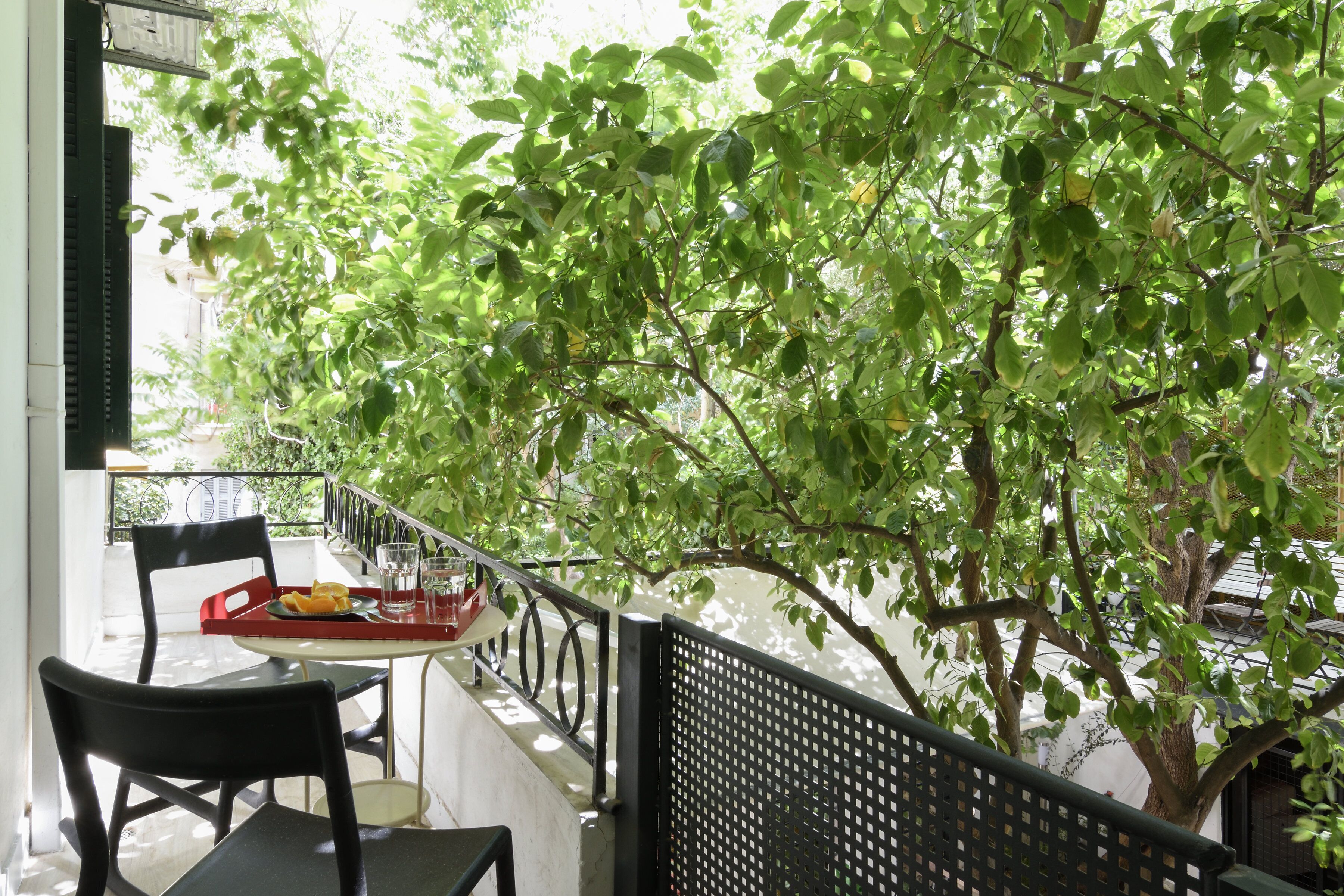 A balcony with a table, chairs, and a potted plant.