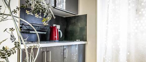 Una cocina con armarios de acero inoxidable, un hervidor rojo y una planta a la izquierda.