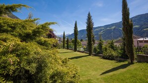 Un área verde bien cuidada con altos cipreses, cielo azul despejado y montañas a lo lejos.