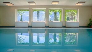 Una piscina con cuatro ventanas, cada una con vistas a árboles y montañas.