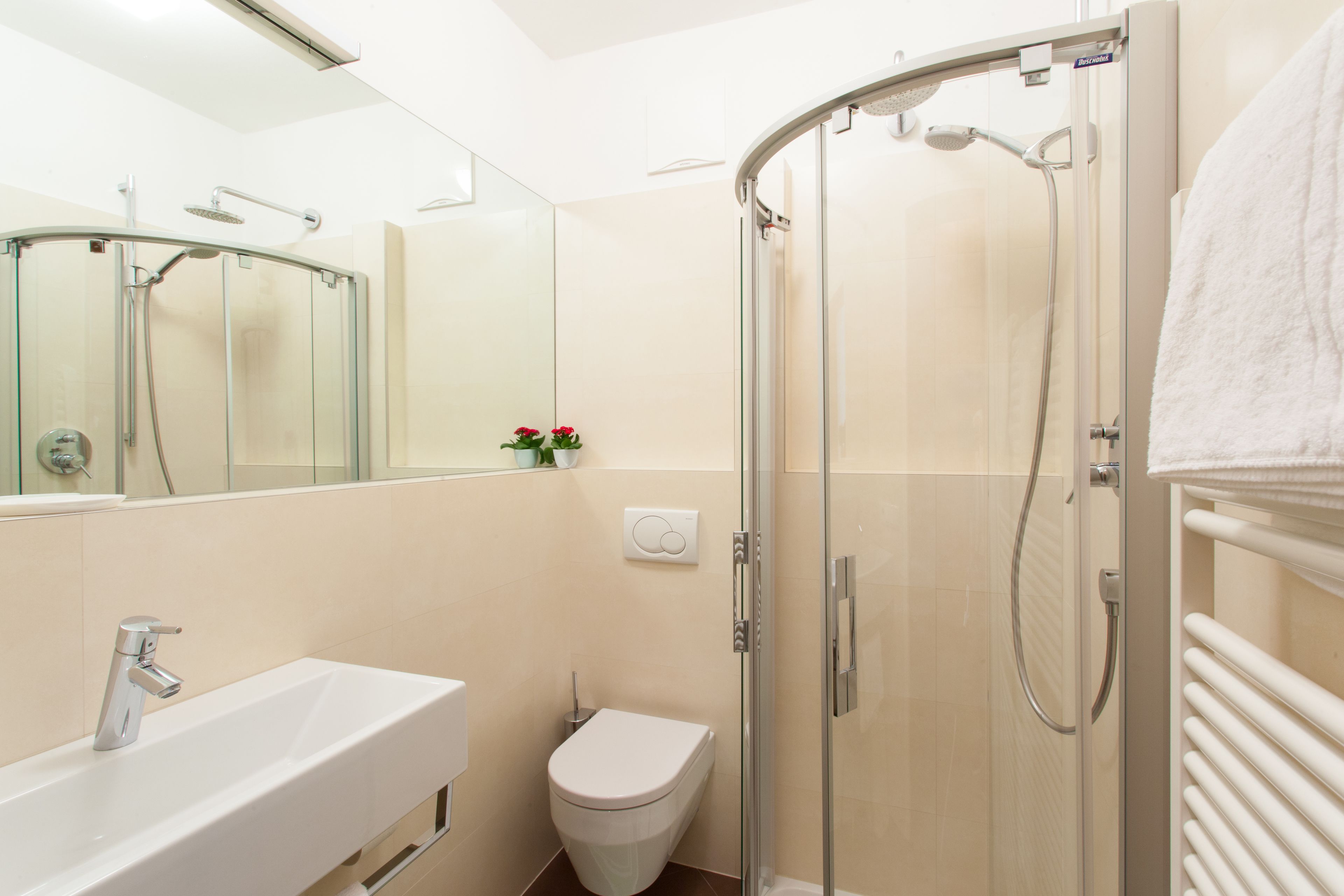 single room | bathroom | shower, rainfall showerhead, hair dryer, towels