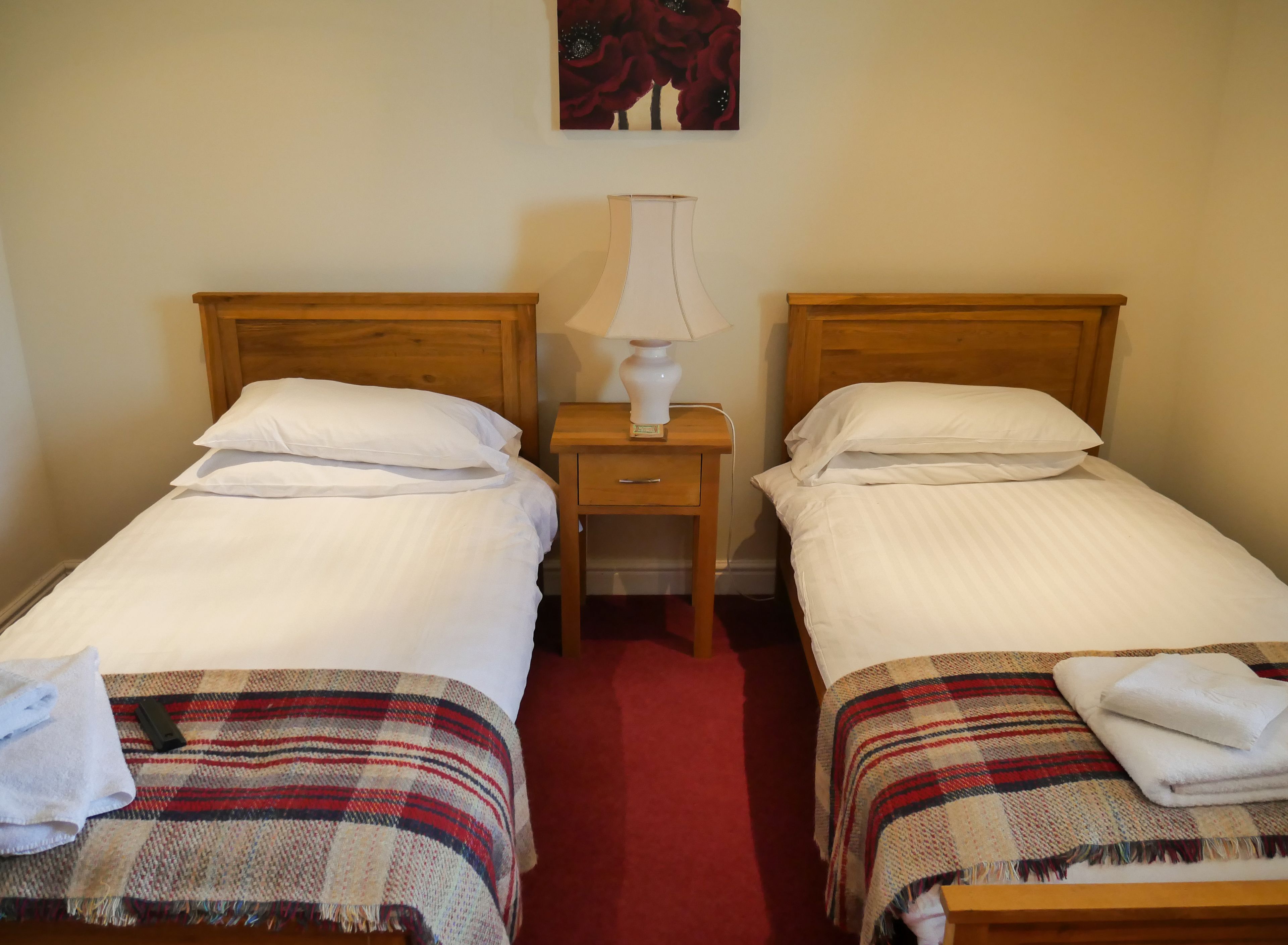 A hotel room with two single beds, each with a wooden headboard, white linens, and a red carpet. There is a nightstand with a lamp between the beds.
