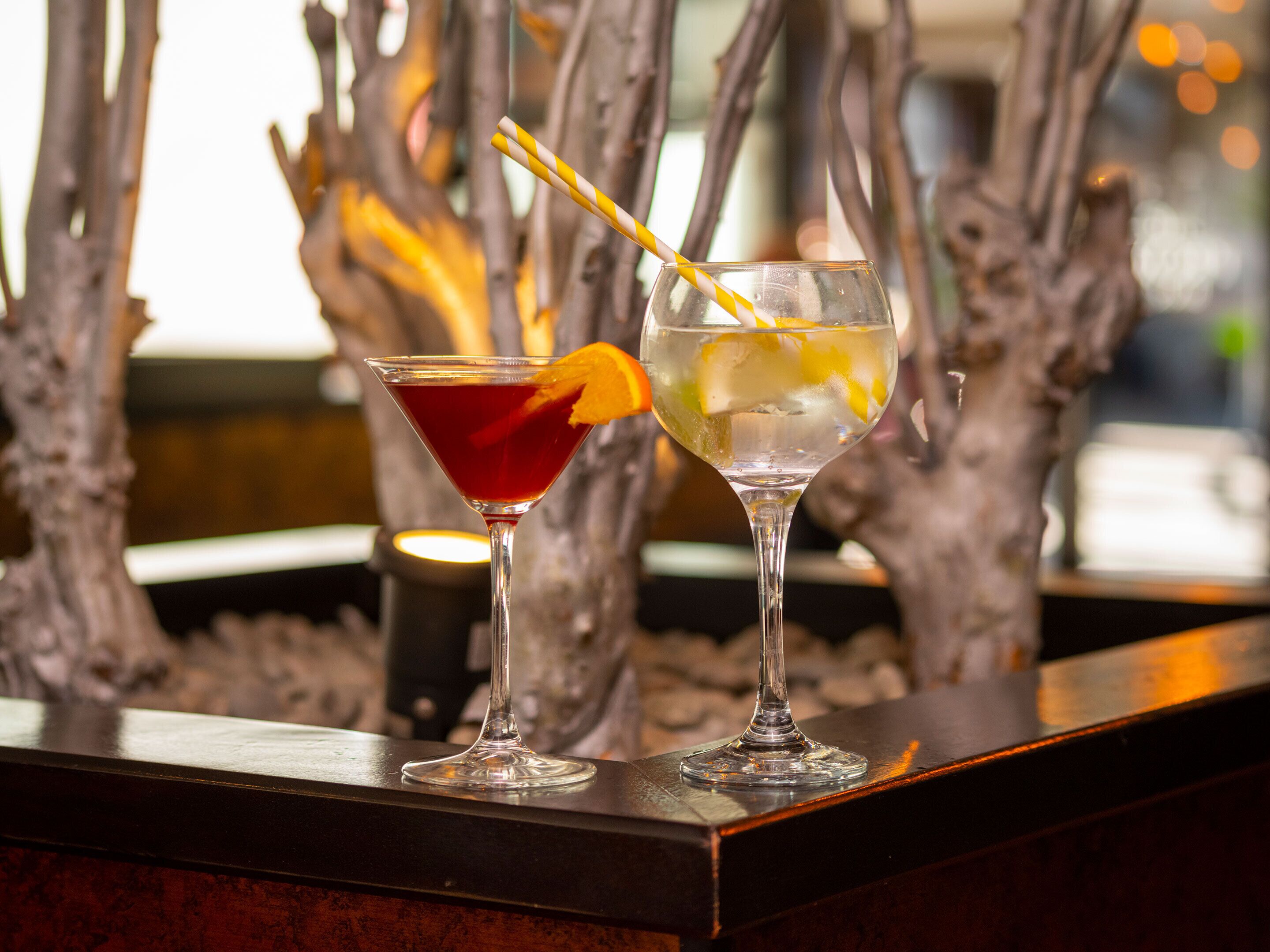 Two cocktails on a bar counter with a rustic background.