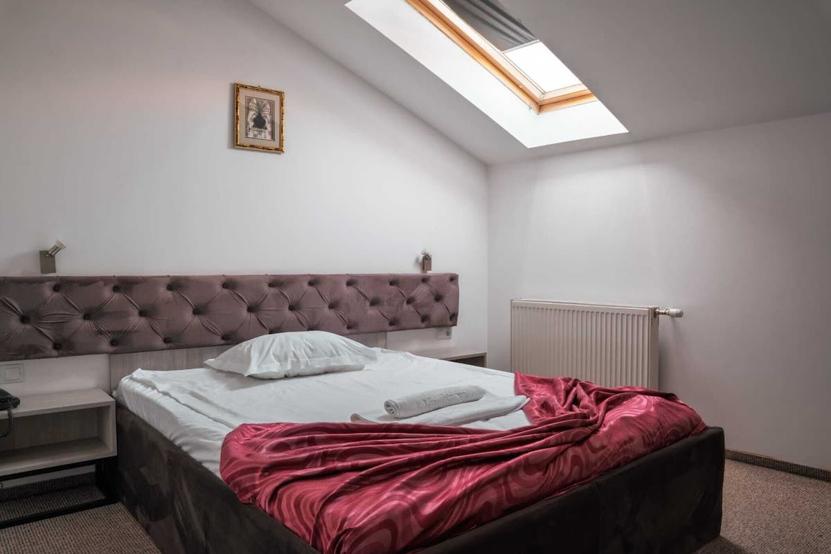 A bedroom with a bed, a nightstand, a telephone, a radiator, and a skylight.