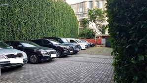 Een rij geparkeerde auto's op een verhard parkeerterrein, met een haag en een gebouw op de achtergrond.