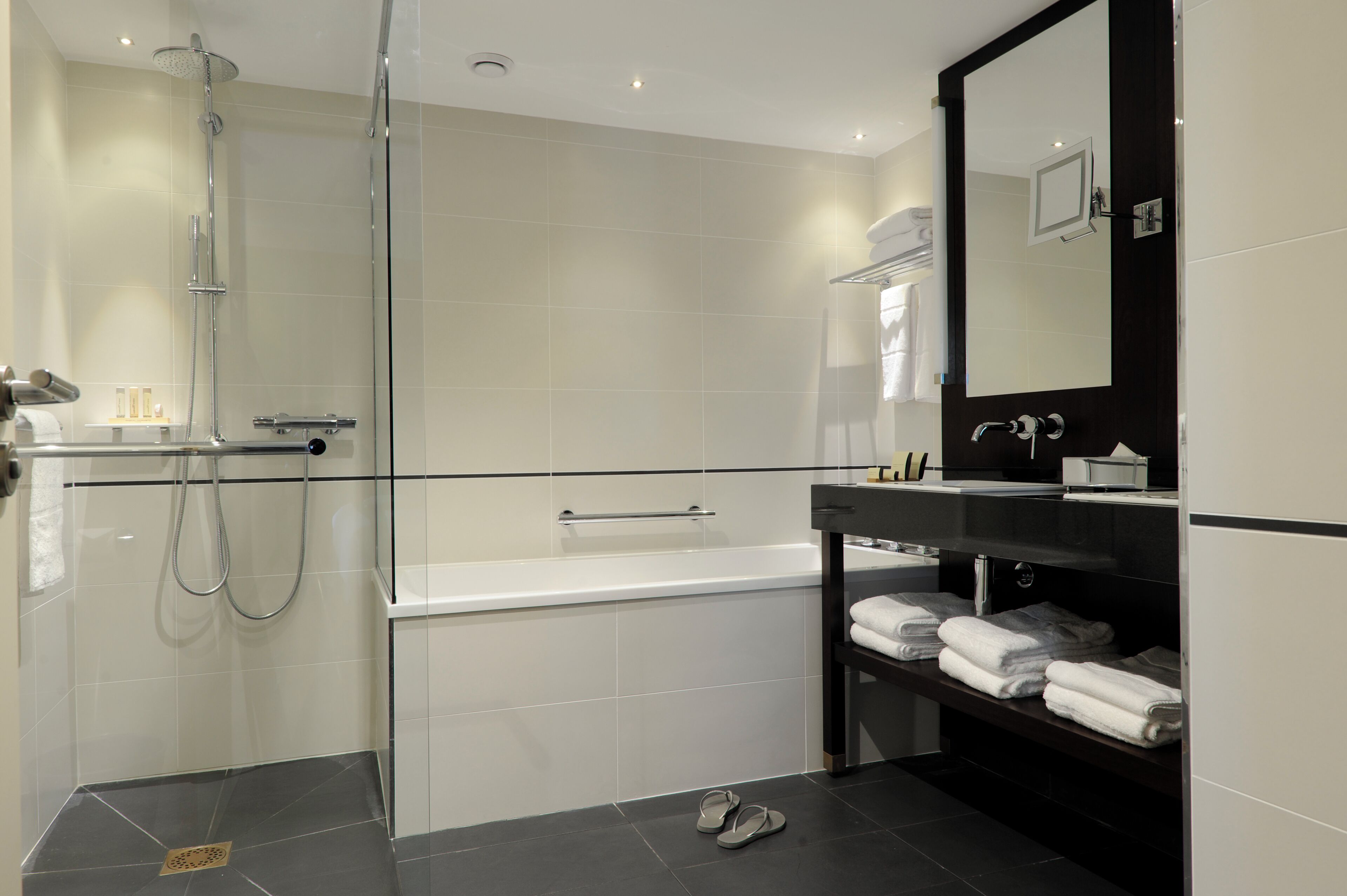 hair dryer, towels, soap, shampoo