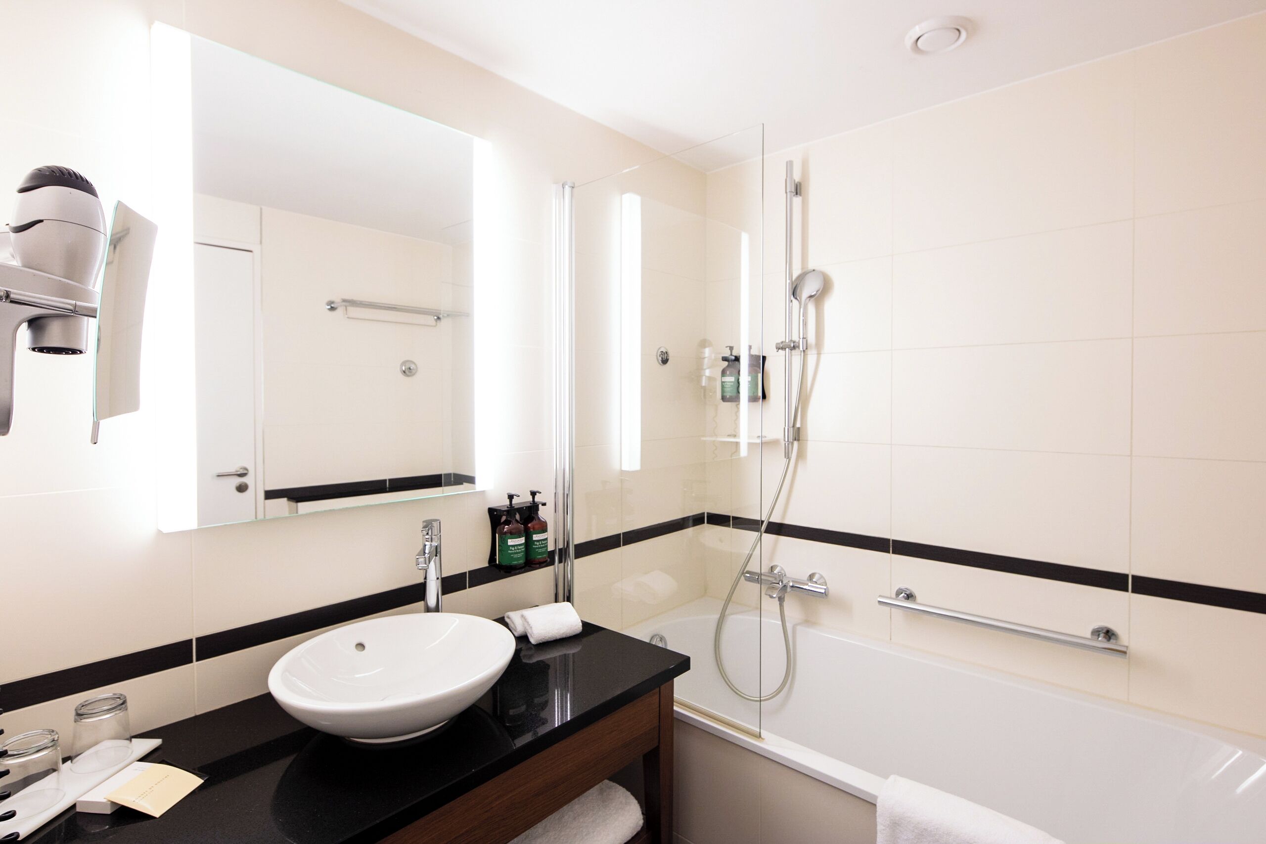 hair dryer, towels, soap, shampoo