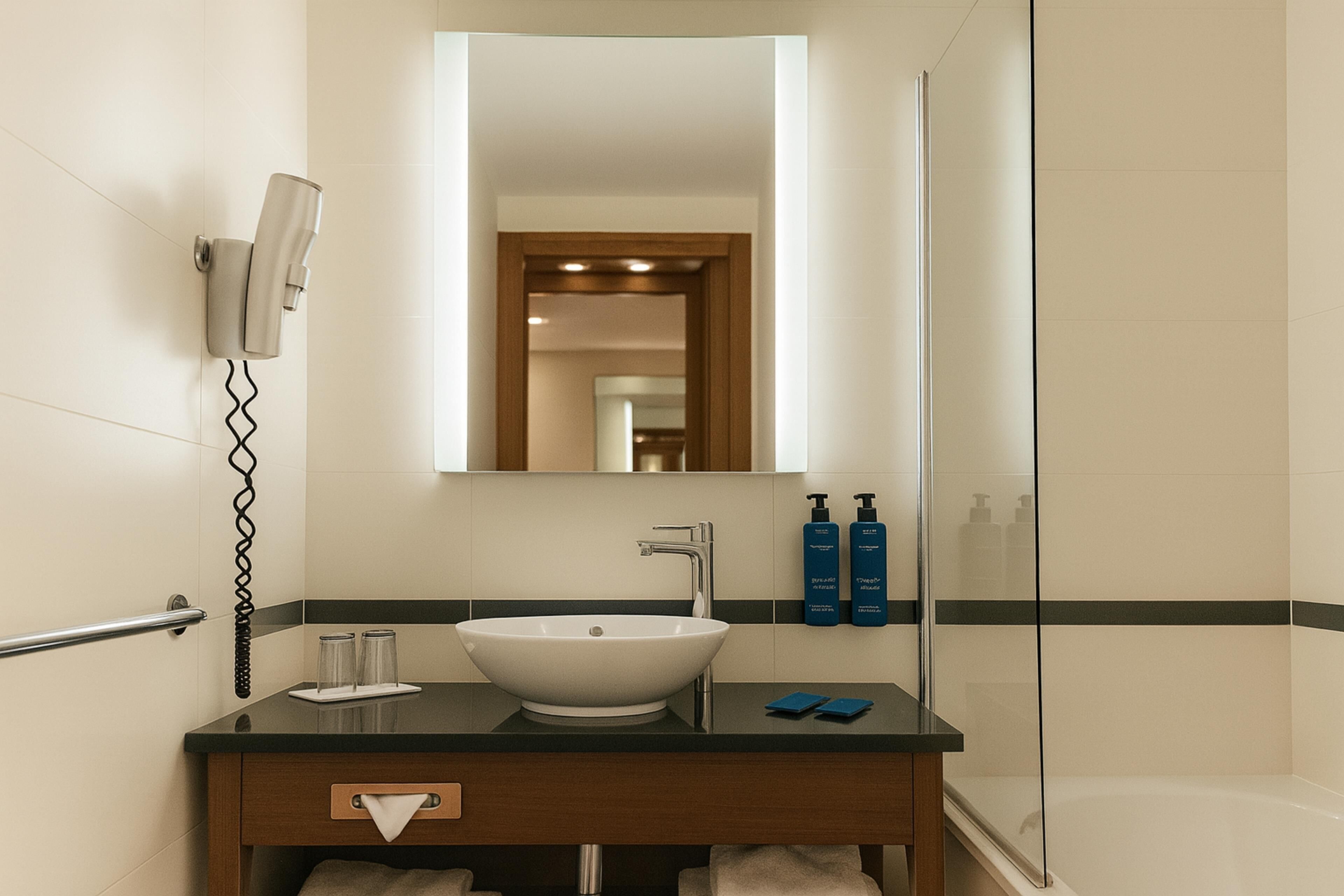 A bathroom with a white sink, a mirror, a hairdryer, and two bottles of shampoo.