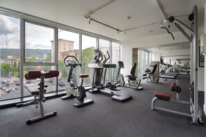 A gym with various exercise equipment, large windows, and a view of buildings and trees outside. - Holiday Inn Tbilisi by IHG (Tbilisi)