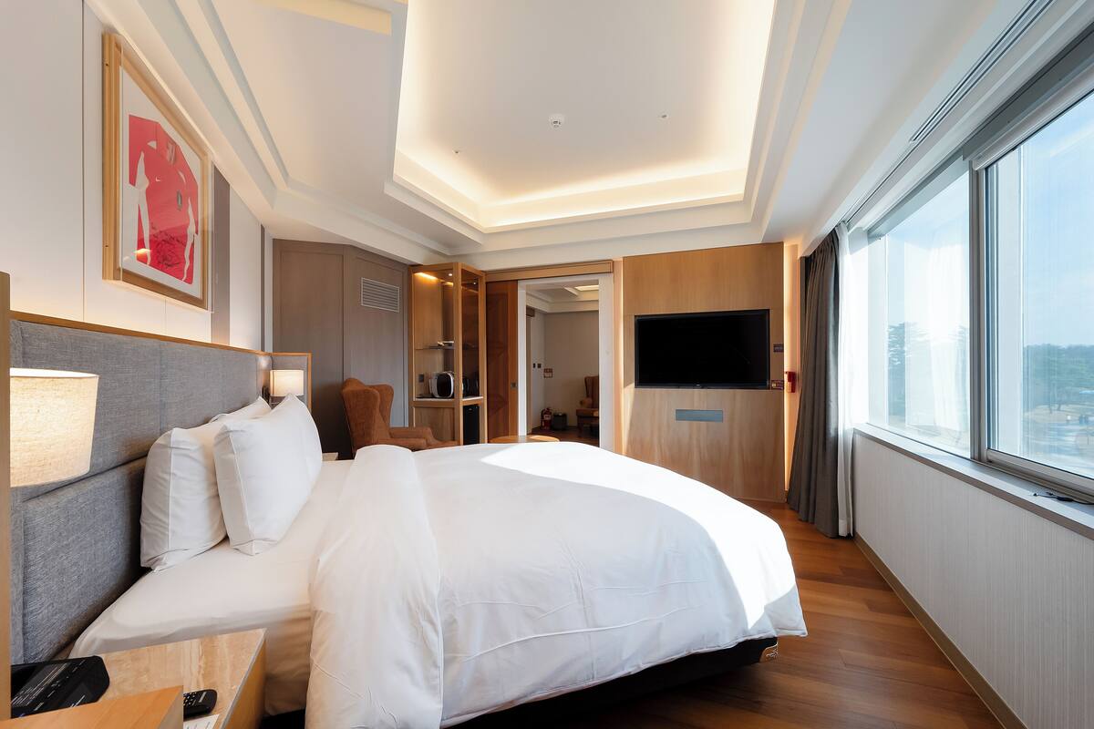 A hotel room with a large bed, a TV, a desk with a lamp, and a window with a city view.