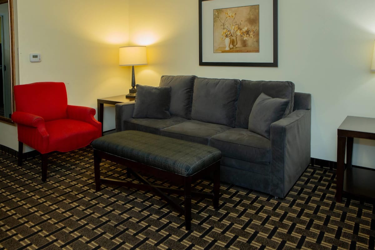 A room with a grey sofa, a red armchair, a bench, a lamp, and a framed picture on the wall.