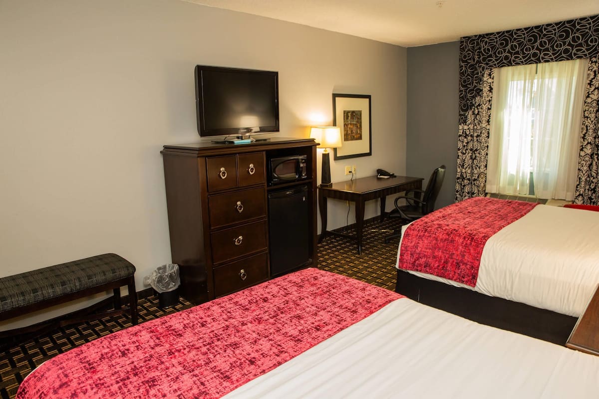 A hotel room with two beds, a desk, a chair, a television, a lamp, and a microwave.