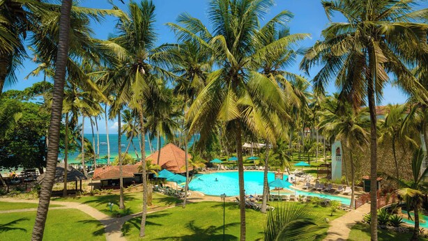 Un resort con piscina rodeada de palmeras y vistas al océano.