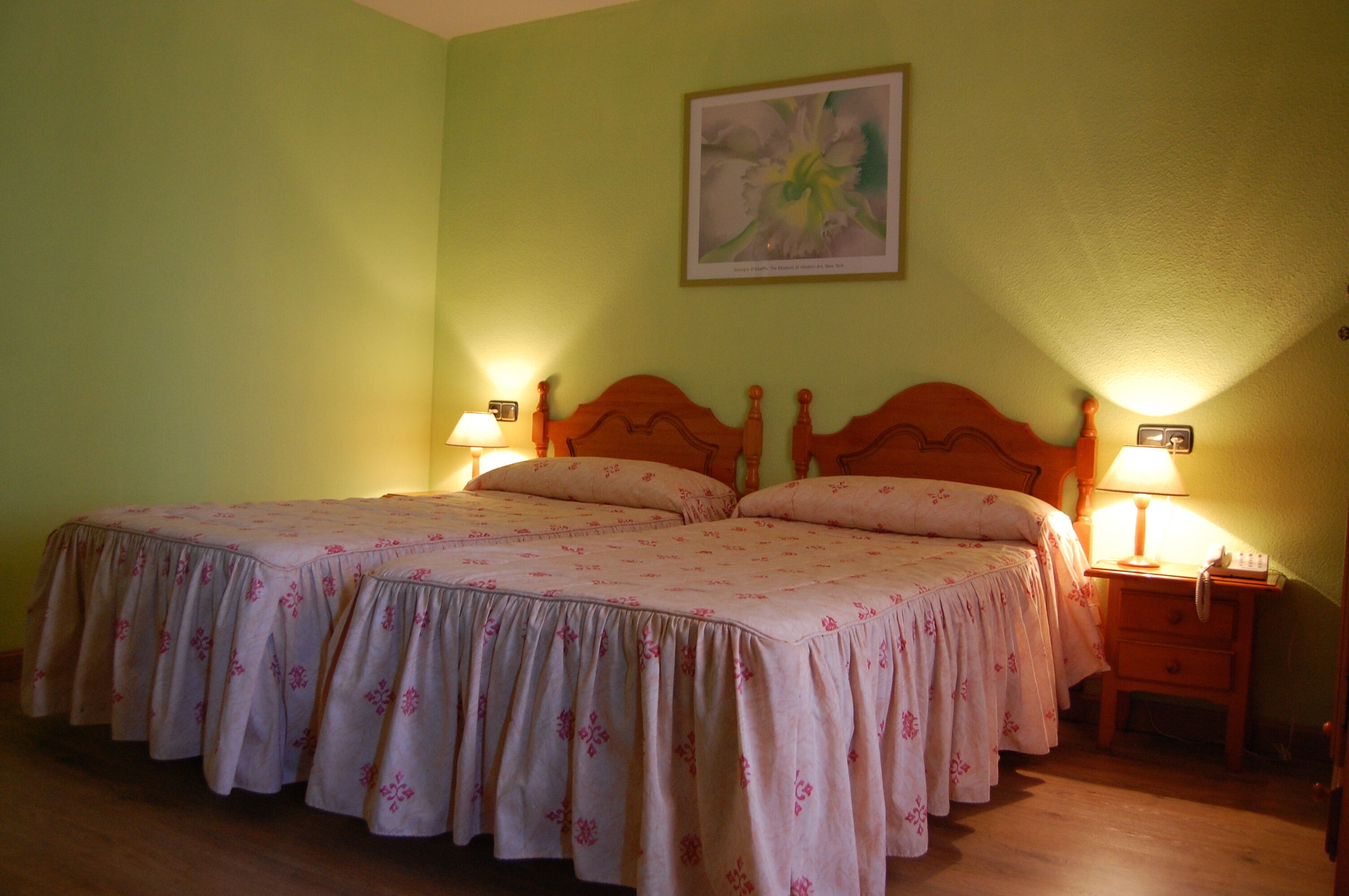 A double bed with floral bedding, two bedside tables with lamps, and a framed floral artwork on the wall.