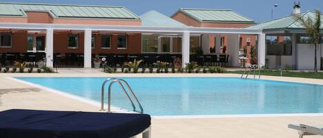 Seasonal outdoor pool, pool umbrellas, pool loungers