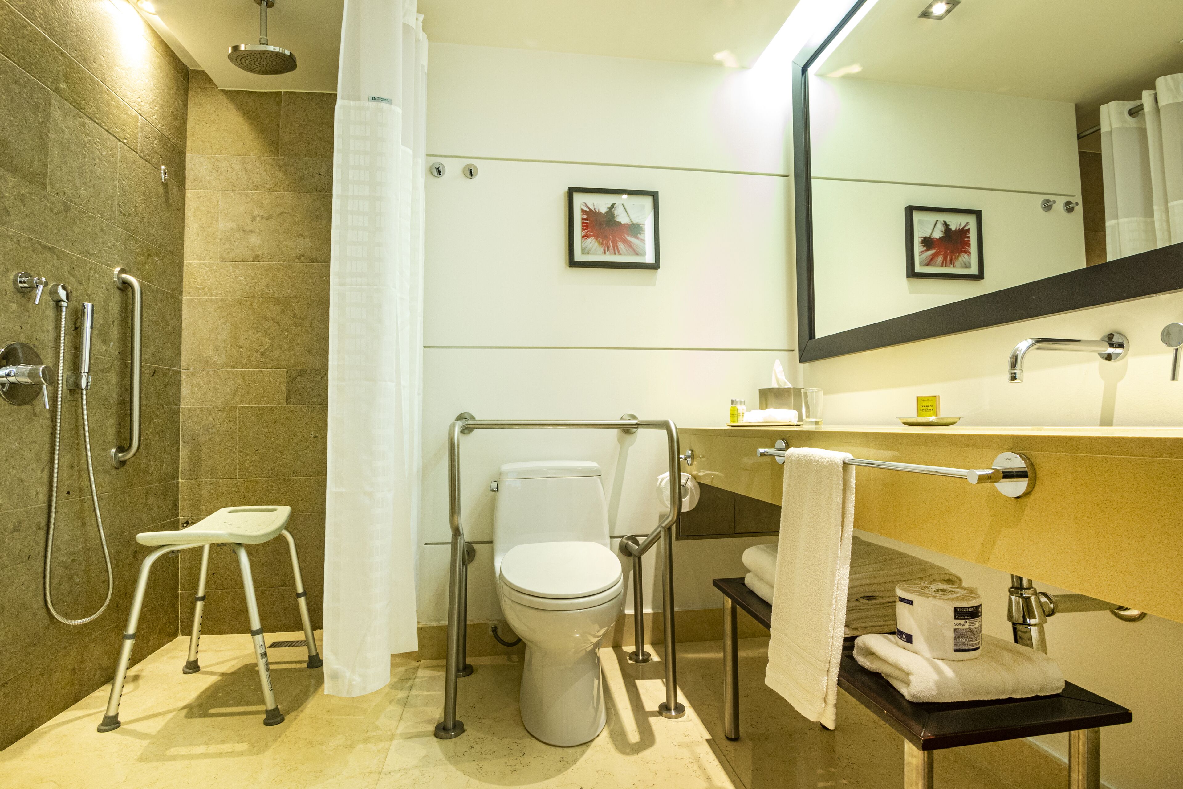 A modern bathroom with a shower, toilet, and handrails.