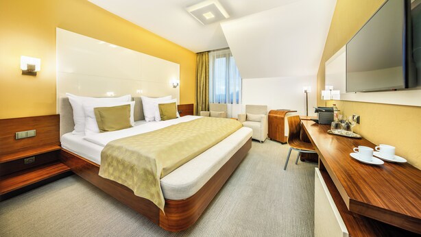 Habitación de hotel con una cama grande, un escritorio de madera, un televisor de pantalla plana y vistas a la ciudad desde la ventana.