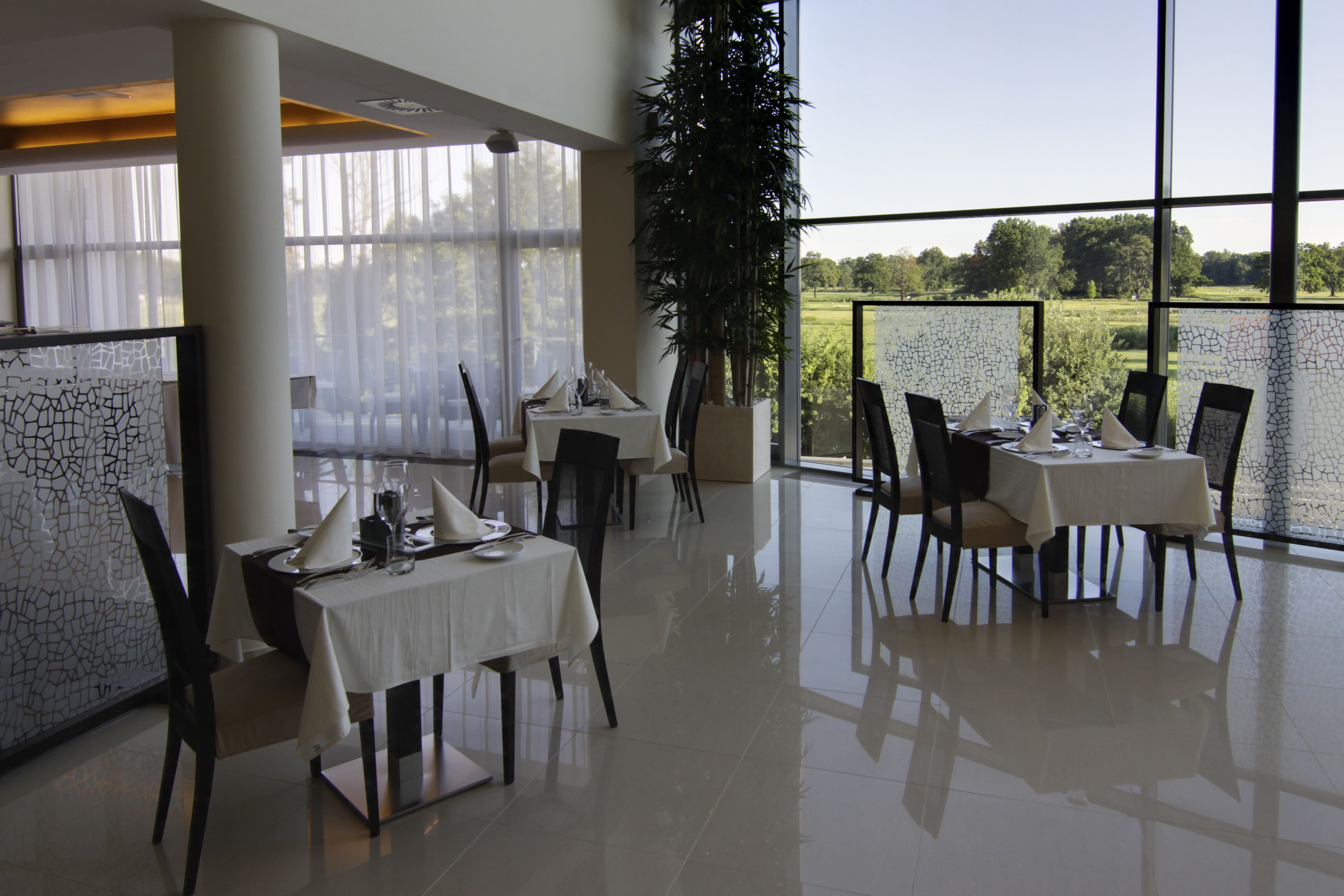 A dining area with tables set for two, large windows offering a view of a green landscape, and a tall plant in the center.