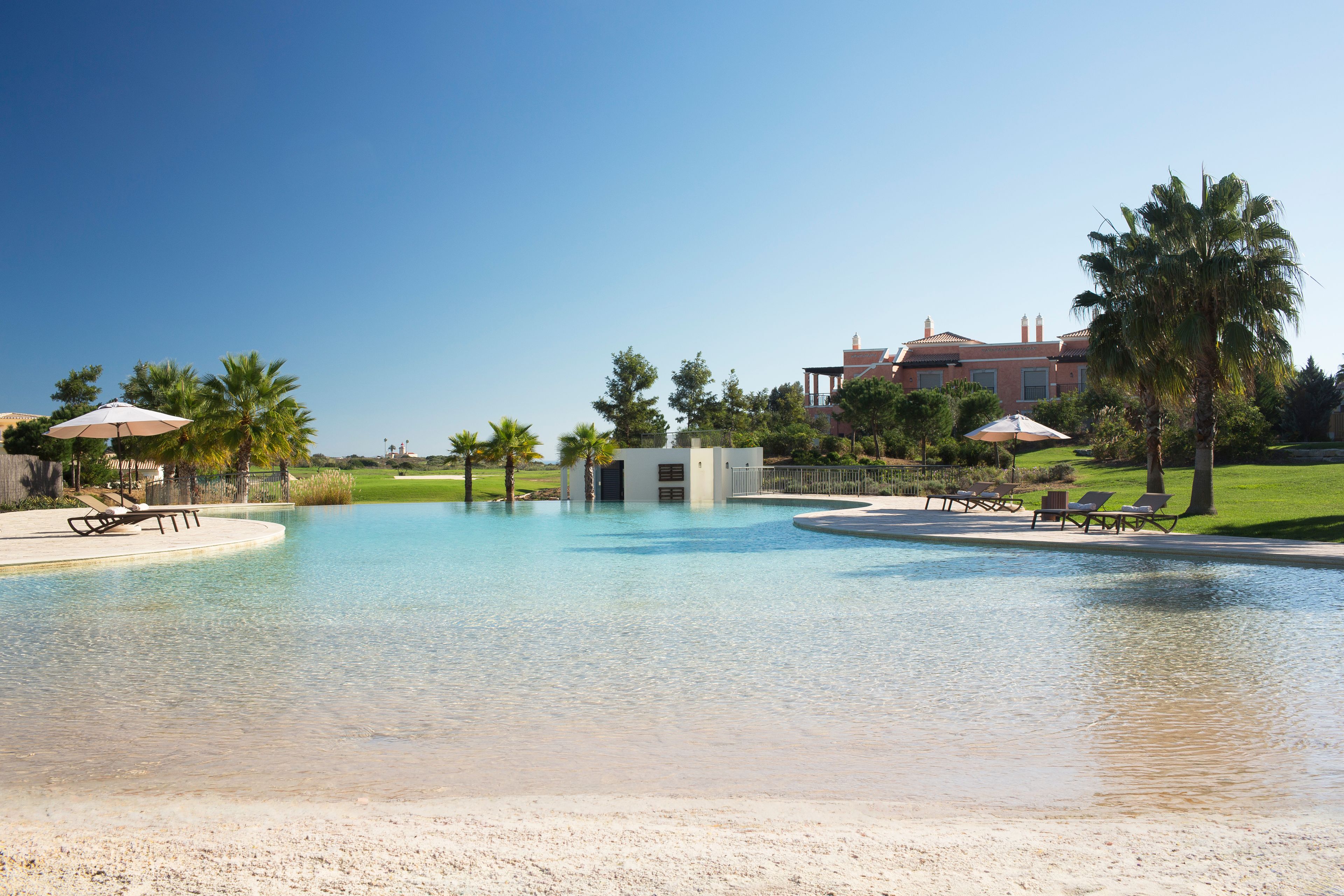 A swimming pool with lounge chairs and umbrellas, surrounded by palm trees and a building in the background.
