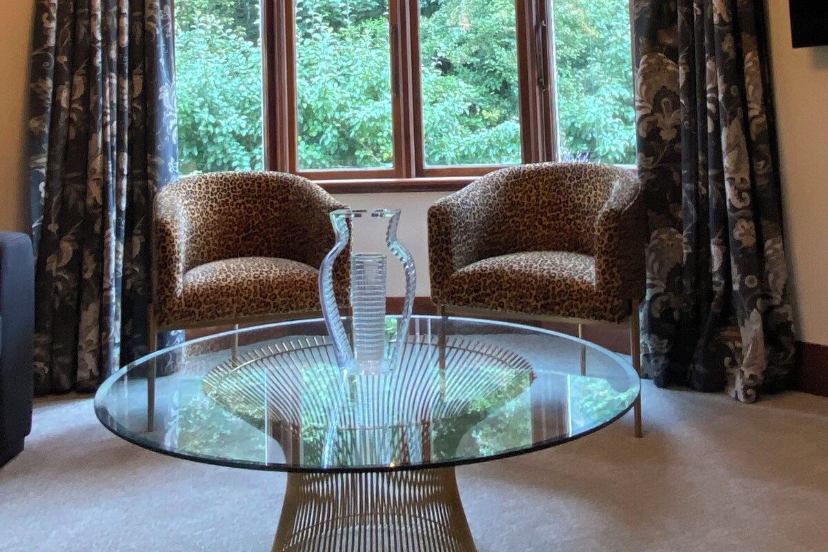 Ein Zimmer mit einem Glastisch, zwei Sesseln mit Leopardenmuster, einem großen Erkerfenster mit Vorhängen und einer Deckenleuchte.
