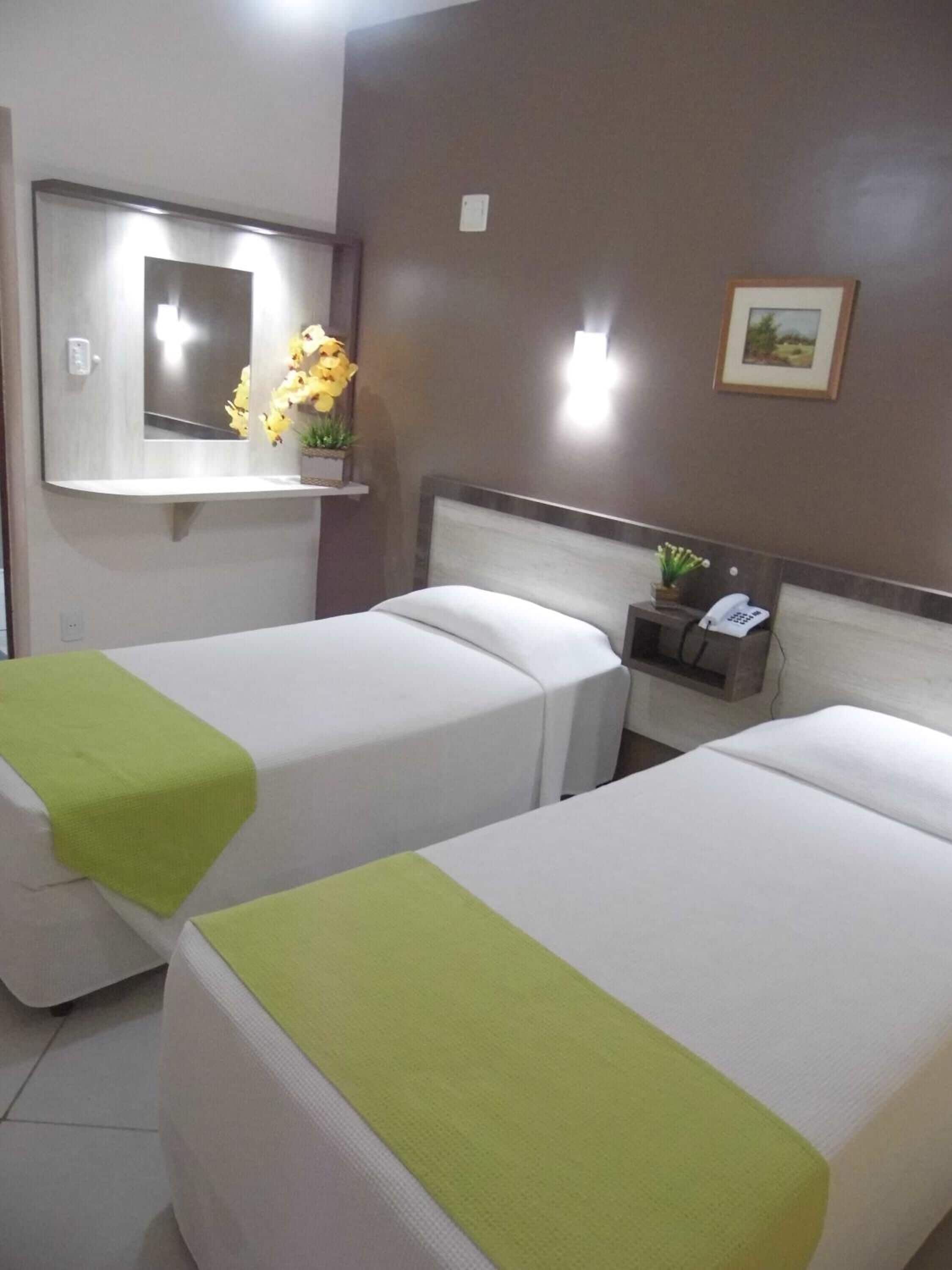 A hotel room with two single beds, a bedside table with a phone, a small shelf with a plant, and a wall-mounted mirror.