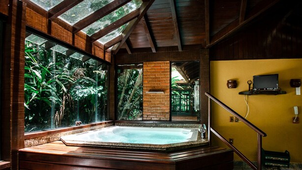 Una bañera de hidromasaje en una habitación con paredes de madera y un ventanal con vistas a la vegetación.