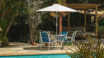 Outdoor pool, pool umbrellas, pool loungers