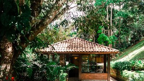 Un pequeño pabellón rústico con tejado de baldosas, rodeado de exuberante vegetación y un sendero de piedra.