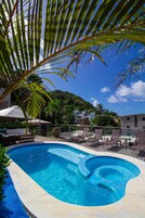 Una piscina al aire libre, sillones reclinables de piscina