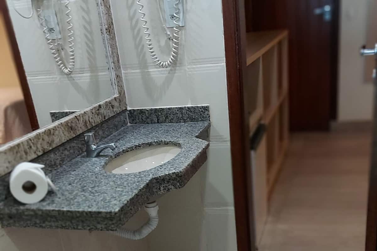 standard room | bathroom | shower, hair dryer, towels