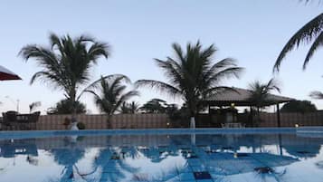 Outdoor pool, pool umbrellas, pool loungers
