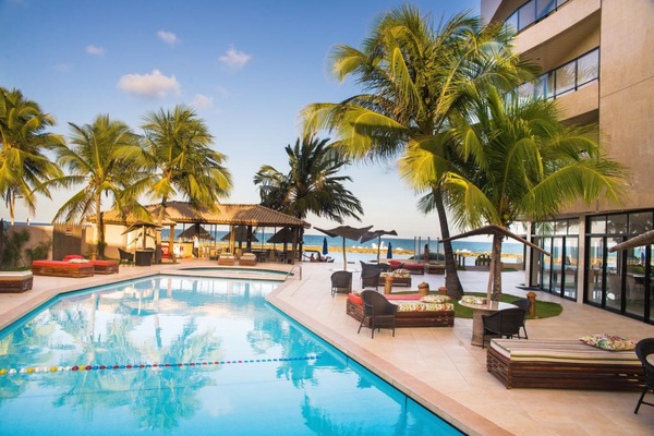 Outdoor pool, pool umbrellas, sun loungers