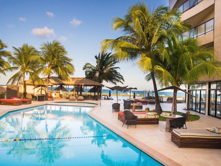 Outdoor pool, pool umbrellas, pool loungers