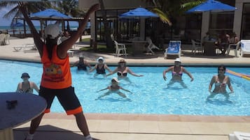 Outdoor pool, pool umbrellas, pool loungers