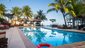 Outdoor pool, pool umbrellas, pool loungers