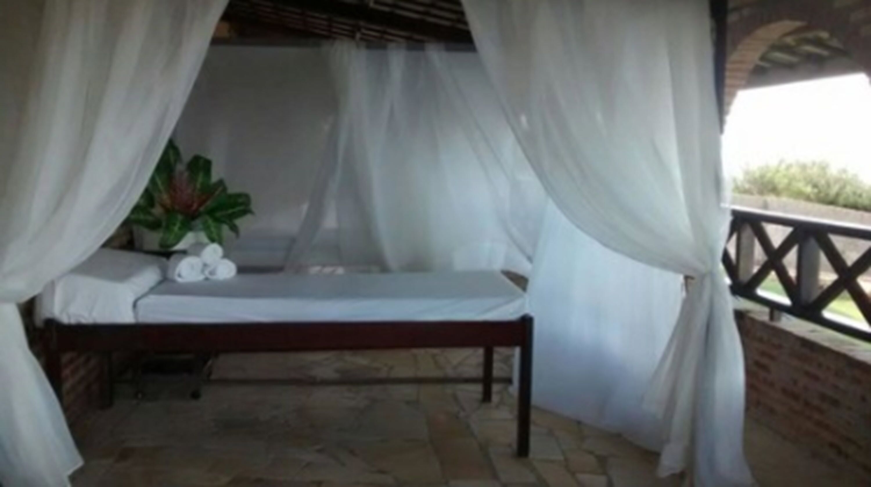 Una cama bajo un dosel con cortinas blancas, una planta pequeña y un almohadón blanco.