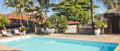 Outdoor pool, pool umbrellas, pool loungers