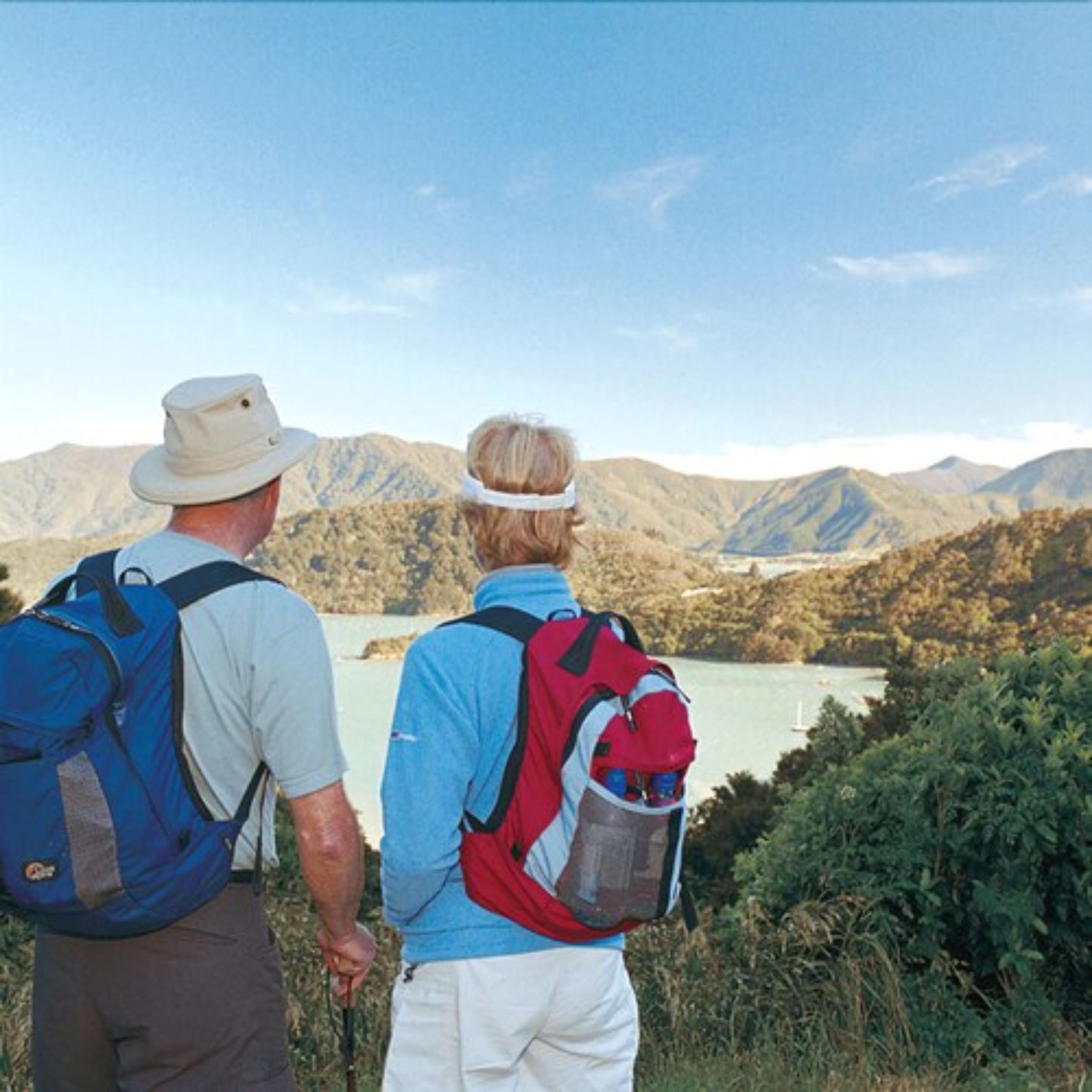 Two people hiking with backpacks, overlooking a mountainous landscape and a lake.
