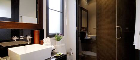 A modern bathroom with a large white sink, a toilet, and a glass-enclosed shower area.