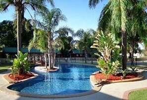 Piscina rodeada de palmeras y una zona techada.
