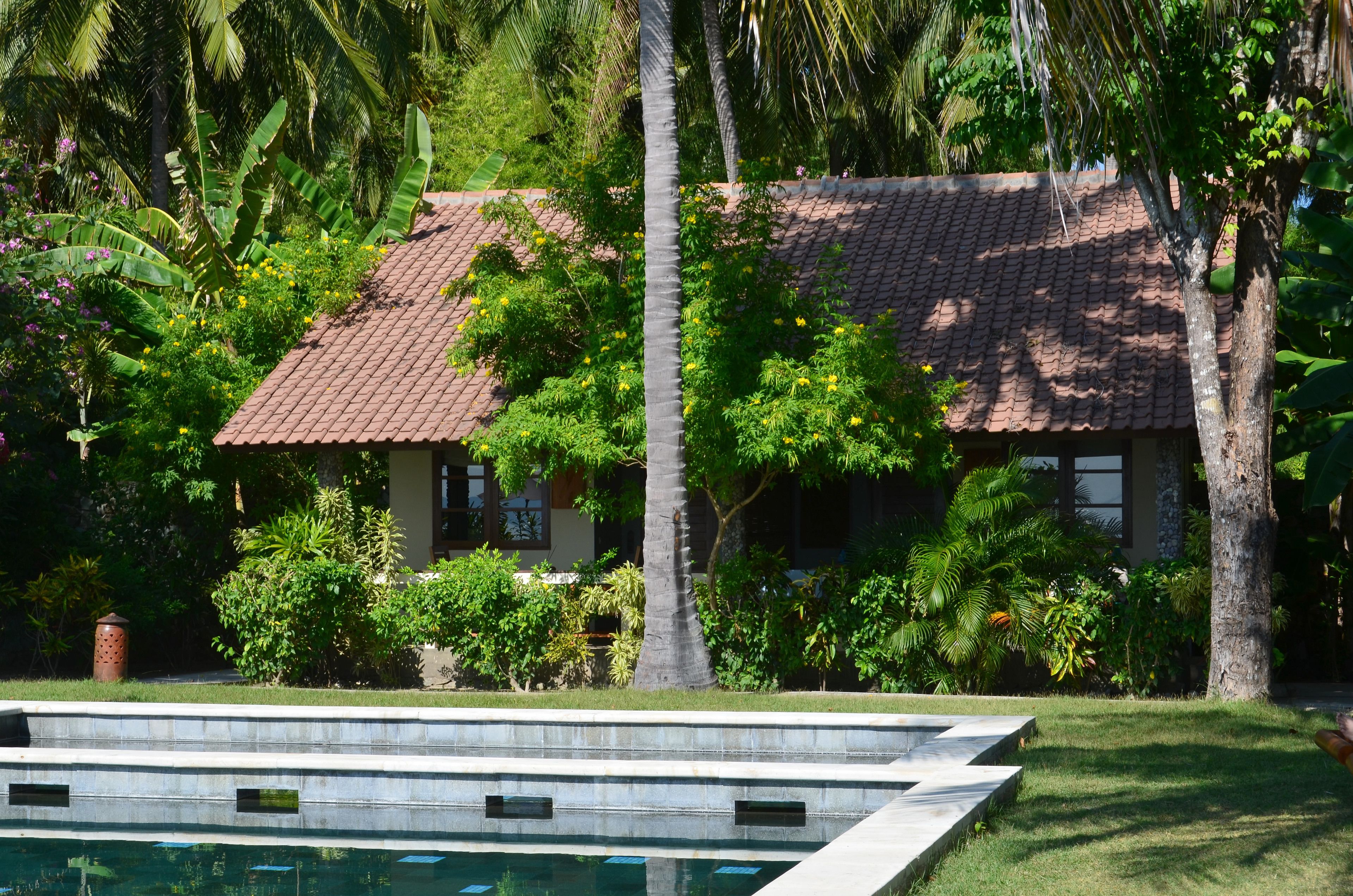 Et hus med et tegltag, omgivet af frodig vegetation og en swimmingpool.