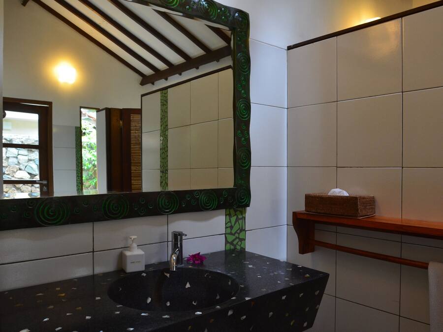 Un baño con un lavamanos negro, un espejo con marco verde y una repisa de madera.
