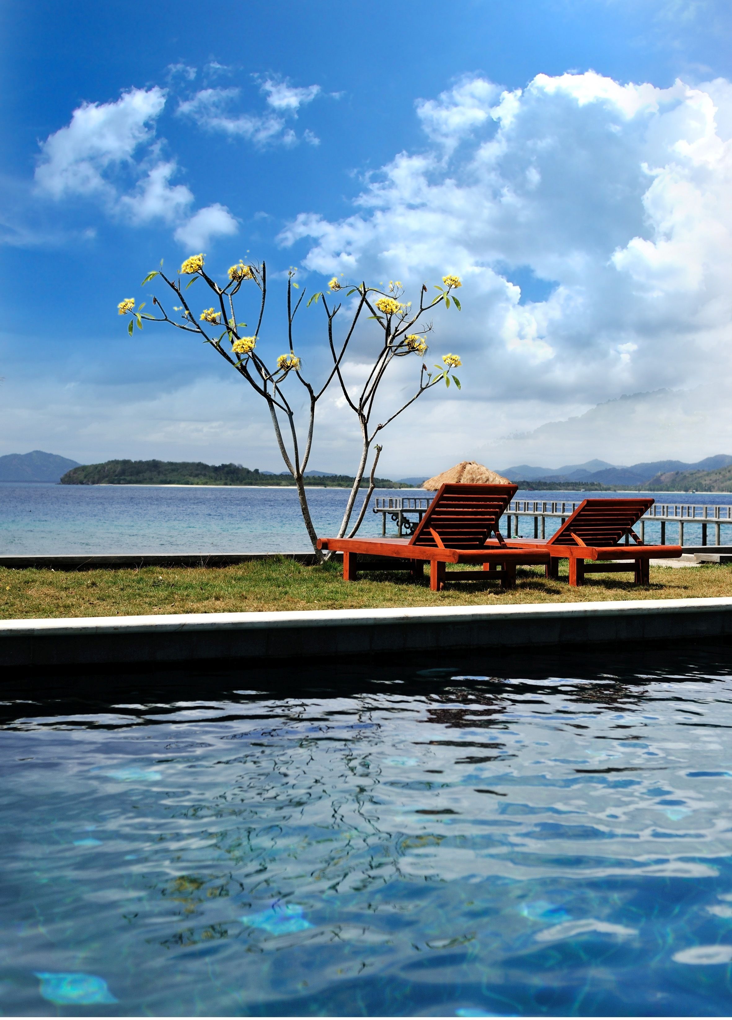 Seasonal outdoor pool, pool umbrellas